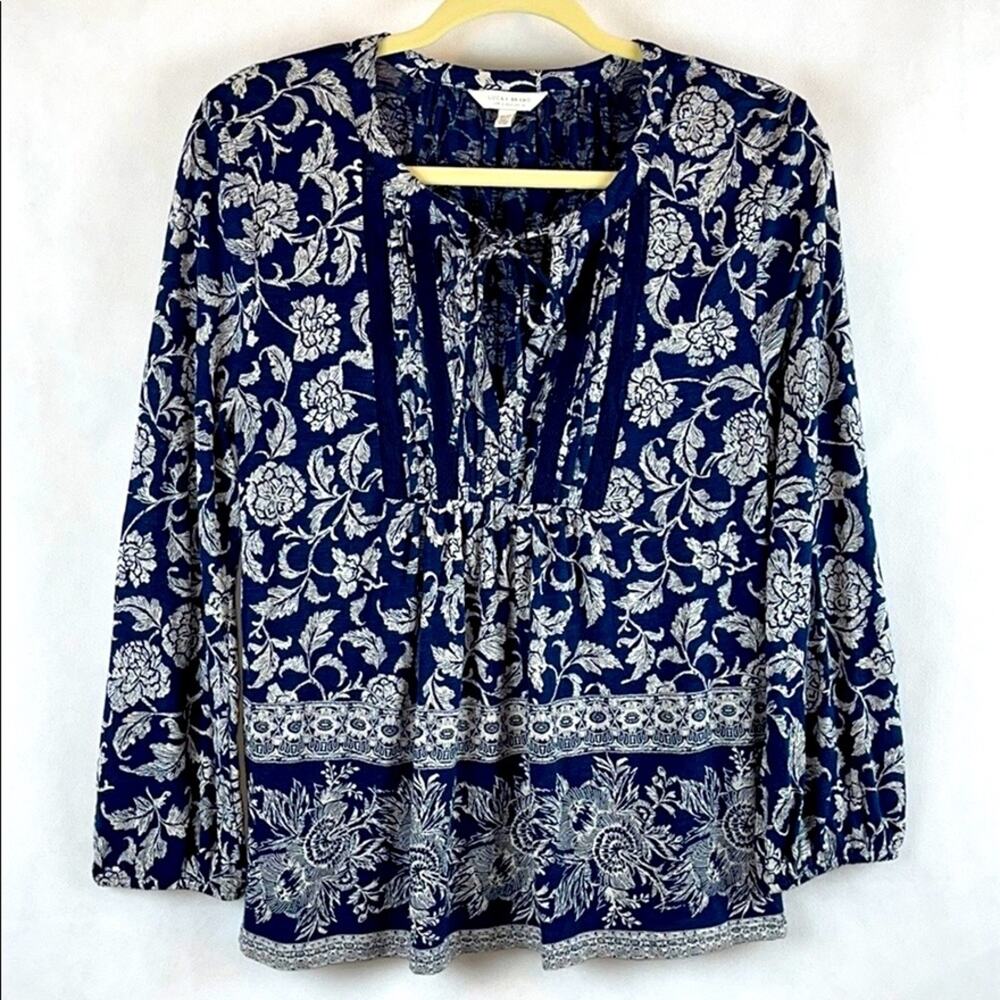 Lucky Brand Boho Peasant Top Blue & White Floral Print Sz. Medium